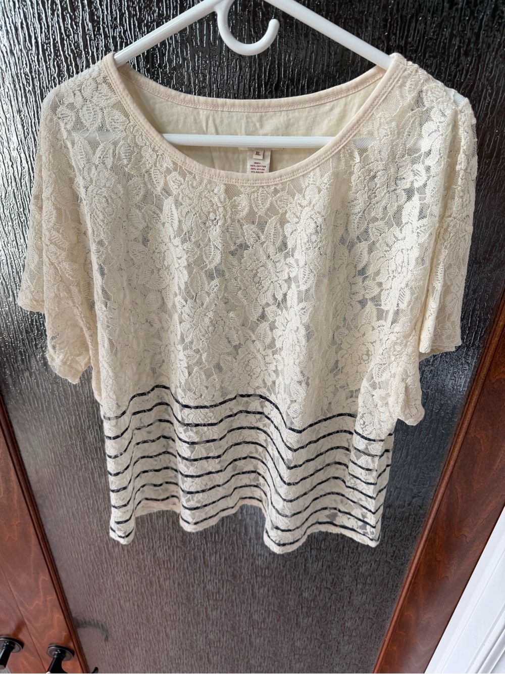 Sundance Lace in Bloom Floral Lace Tunic Top XL Ivory Black Stripe